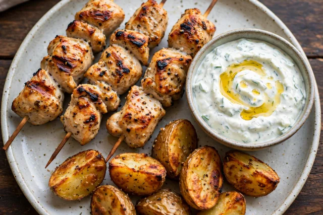 Chicken souvlaki with tzatziki and lemon potatoes