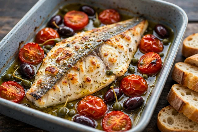 Psari plaki baked fish with tomato and olives