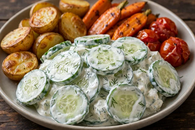 Creamy cucumbers folded through dill sour cream in a white bowl