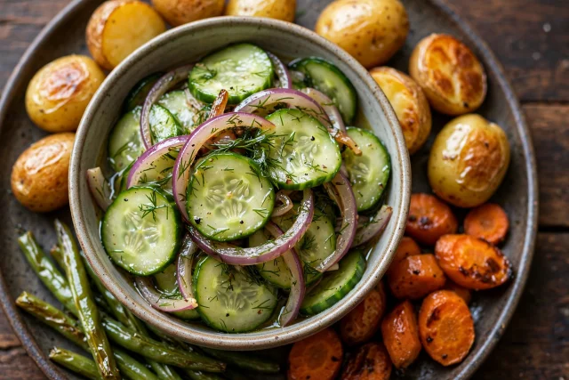 Thin vinegar cucumbers tossed with red onion and fresh dill