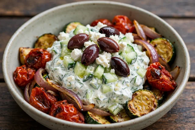 Tzatziki style cucumbers with feta, olives, and tomatoes