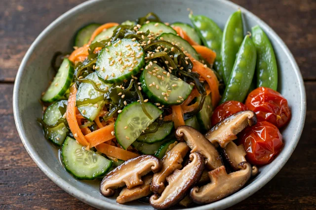 Glassy sunomono cucumbers with wakame and sesame seeds