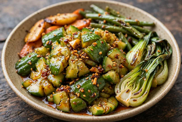 Smashed cucumber chunks glistening with garlic chili oil