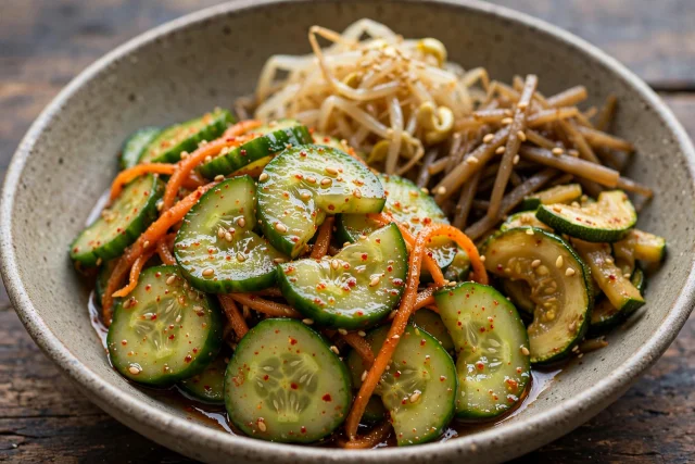 Korean cucumbers coated in red gochugaru chili dressing