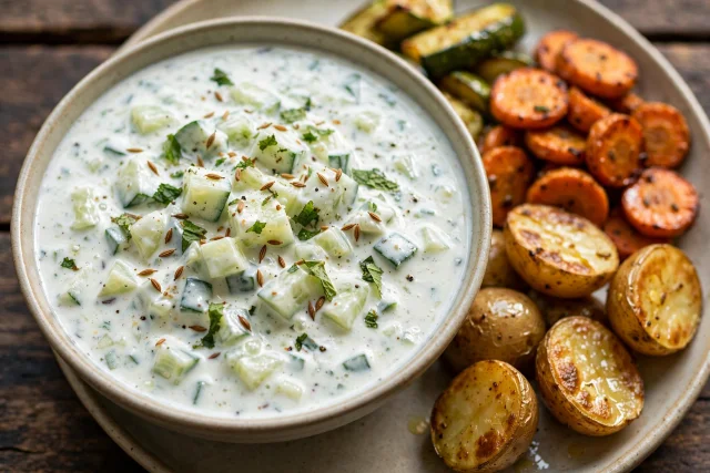 Cooling raita of grated cucumber, yogurt, mint, and cumin