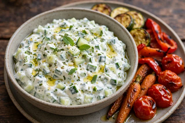 Silky Turkish cacik with cucumber, mint, and olive oil
