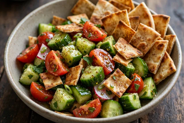 Lebanese fattoush with toasted pita, cucumber, and sumac