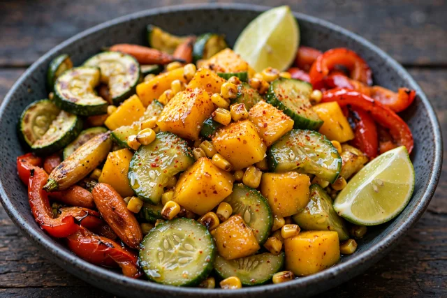 Chili mango and cucumber chunks with Tajin and lime
