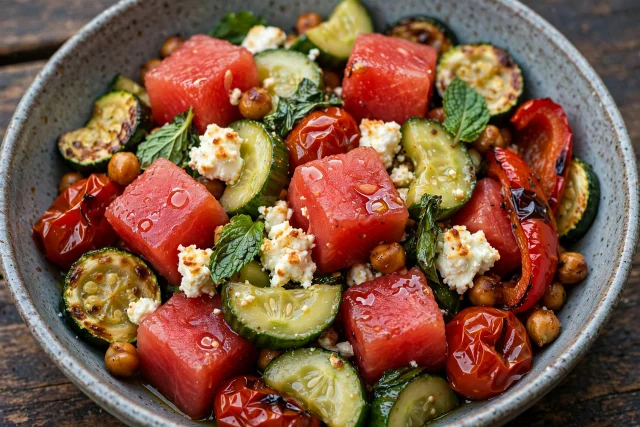 Icy watermelon cubes with cucumber, feta, and mint