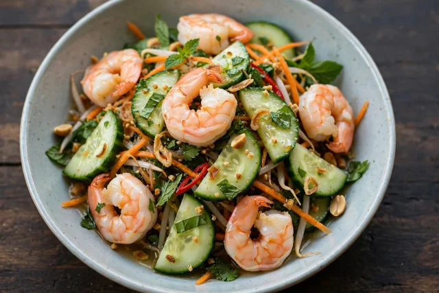 Poached shrimp with cucumbers, herbs, and lime dressing