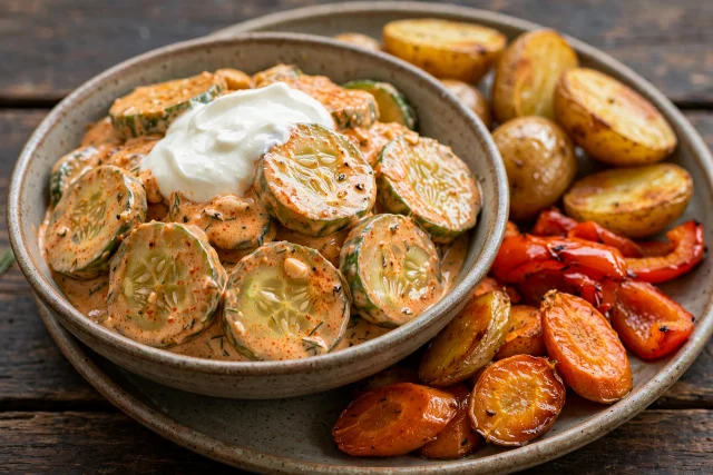 Hungarian cucumbers in paprika sour cream with dill