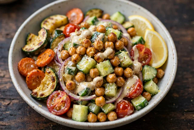 Chickpeas and cucumbers coated in lemon tahini sauce