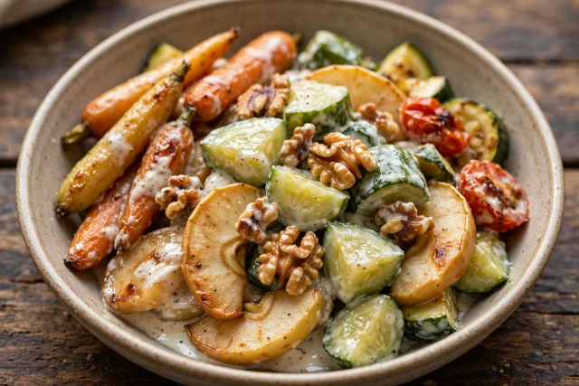 Crisp apple matchsticks with cucumber, walnuts, and yogurt
