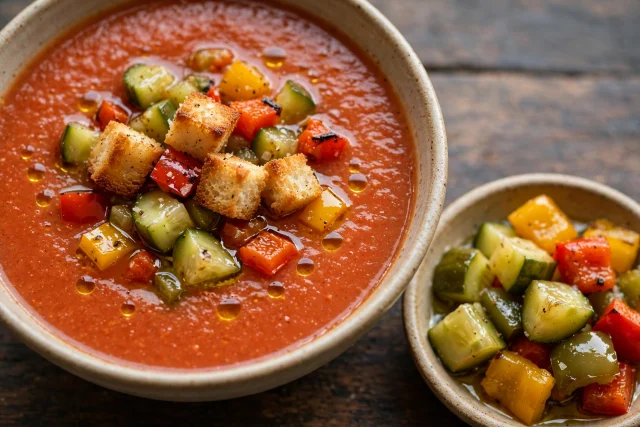 Andalusian gazpacho in a bowl topped with diced cucumber and peppers