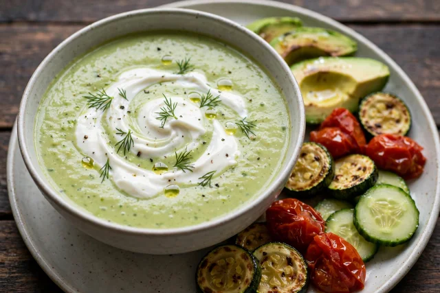 Watermelon gazpacho with tomato mint and a swirl of olive oil