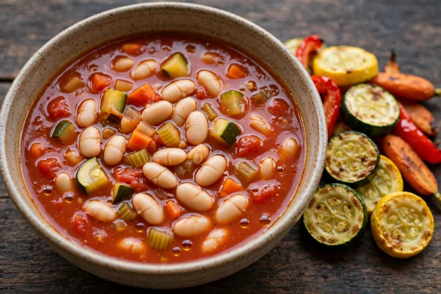 Golden yellow tomato soup with roasted sweet peppers, served chilled