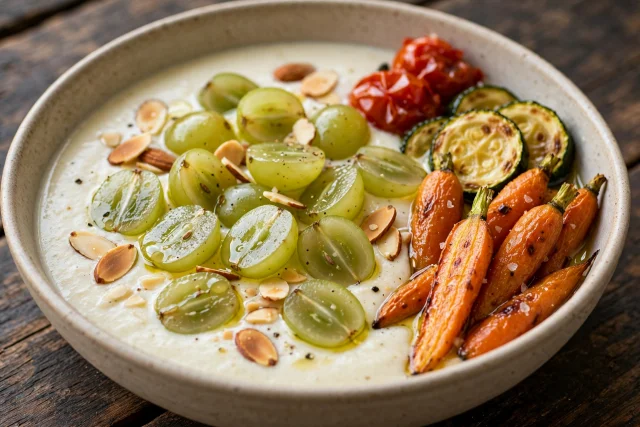 White almond ajo blanco soup with green grapes and almonds