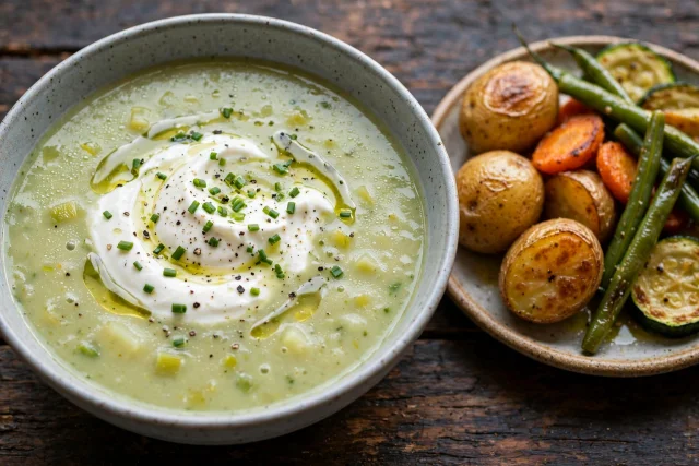 Chilled leek potato soup with yogurt dollop and chives