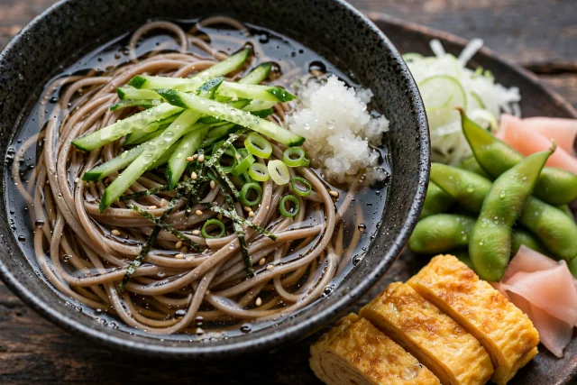Cold soba noodle soup with cucumber scallions and sesame