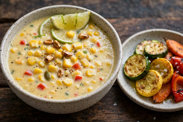 Coconut corn soup with lime wedges and cilantro, served chilled