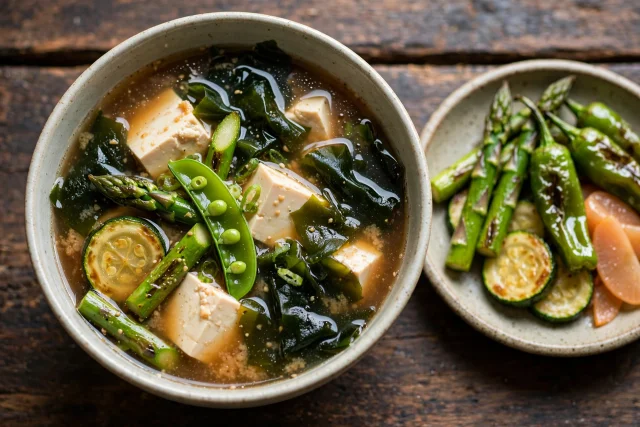 Miso soup with tofu seaweed and summer greens in a bowl