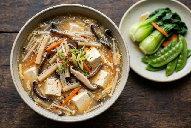 Hot and sour soup with tofu mushrooms and bamboo shoots