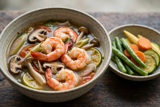 Tom yum shrimp soup with mushrooms lemongrass and lime leaves
