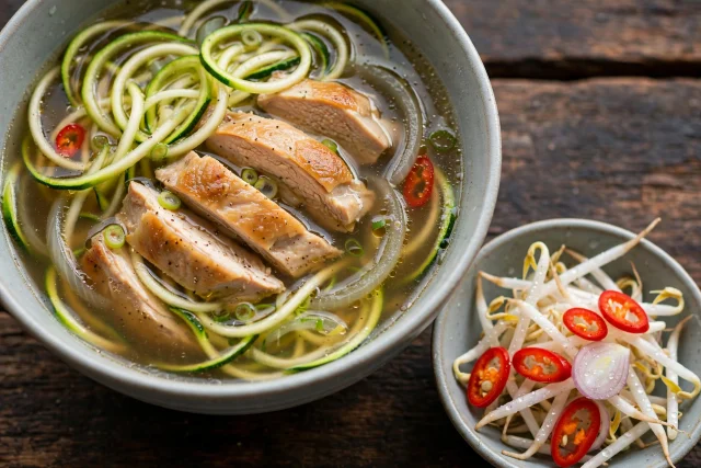 Chicken pho broth with zucchini noodles herbs and bean sprouts