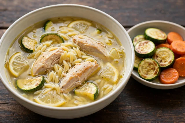 Lemon chicken orzo soup with zucchini dill and orzo pasta