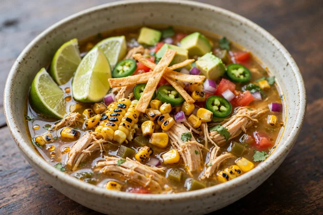 Chicken tortilla soup with charred corn lime and avocado