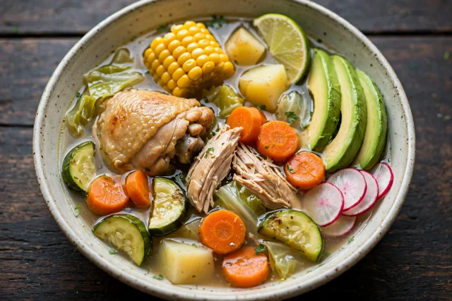 Mexican caldo de pollo with chicken vegetables and lime wedge