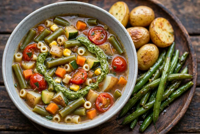Summer minestrone with green beans zucchini and basil pesto