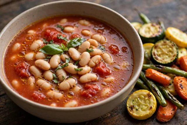 Tomato basil soup with white beans and torn basil leaves