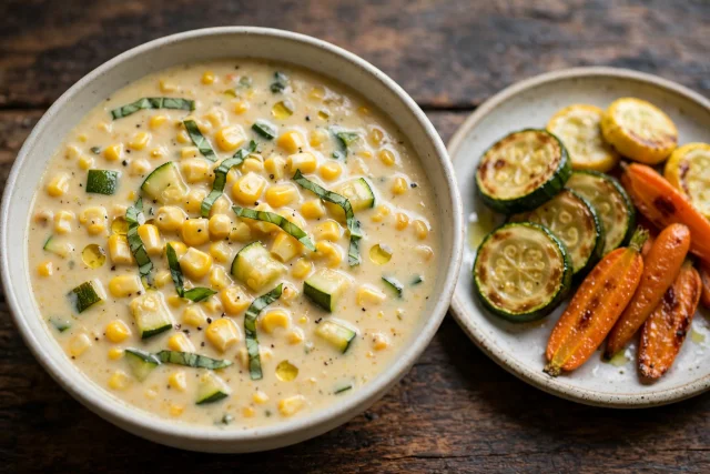 Sweet corn chowder with zucchini basil and red pepper dice