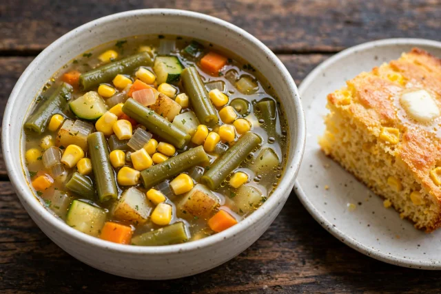 Summer vegetable soup with corn green beans and fresh herbs