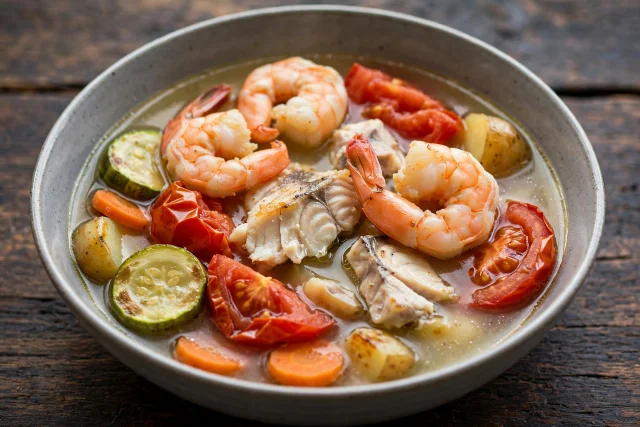Seafood soup with shrimp white fish tomatoes and parsley