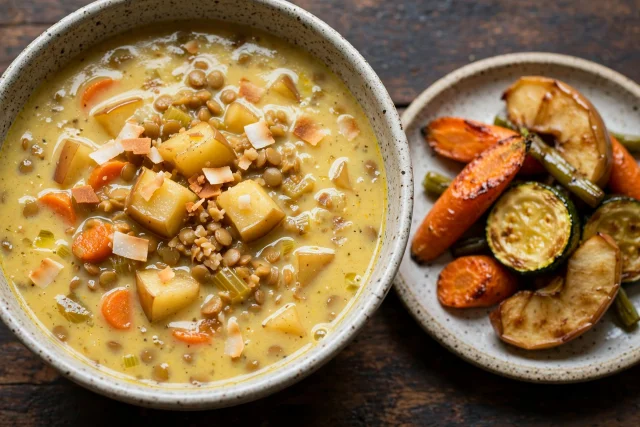 Mulligatawny soup with coconut apple and cilantro, top view