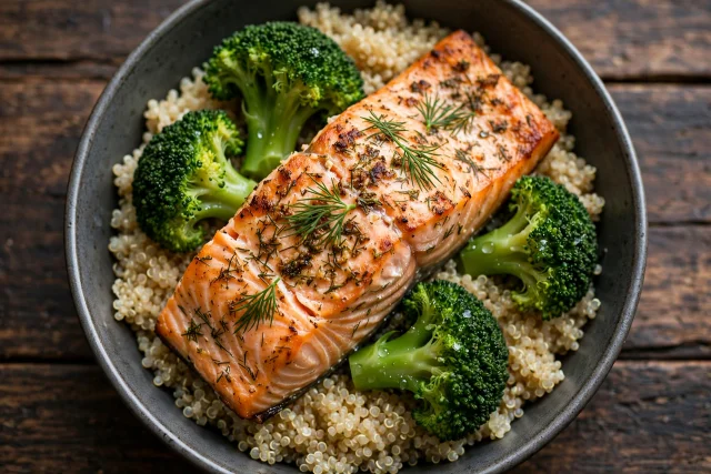 Herb salmon with quinoa and broccoli