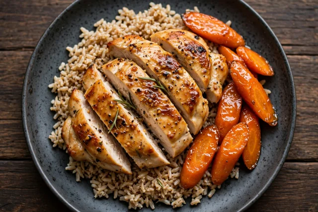 Herb chicken with brown rice and carrots