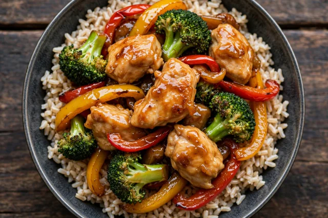 Chicken vegetable stir fry with brown rice
