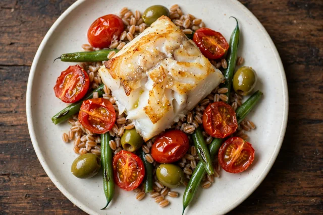 Baked cod with farro and green beans
