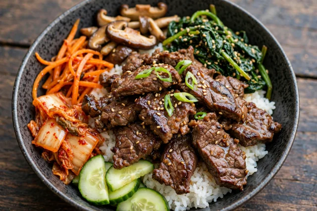 Bulgogi steak and rice with sesame spinach and kimchi