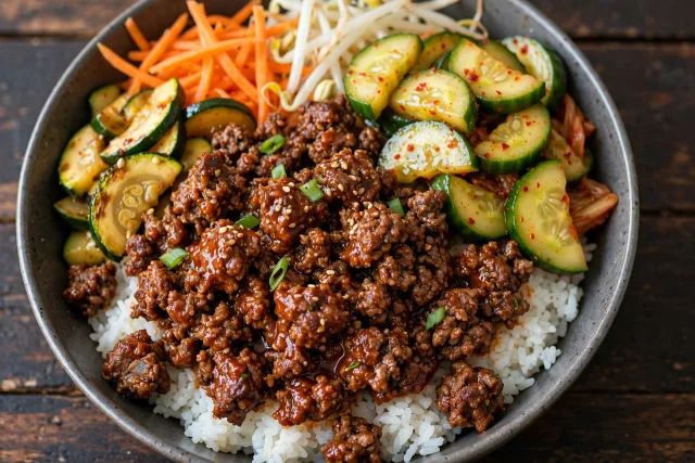 Gochujang ground beef with cucumber kimchi and scallions