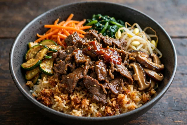 Bibimbap rice topped with beef, vegetables, and fried egg