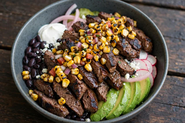 Sliced carne asada steak with charred corn salsa and black beans