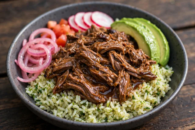 Shredded birria beef over cilantro lime rice with consommé