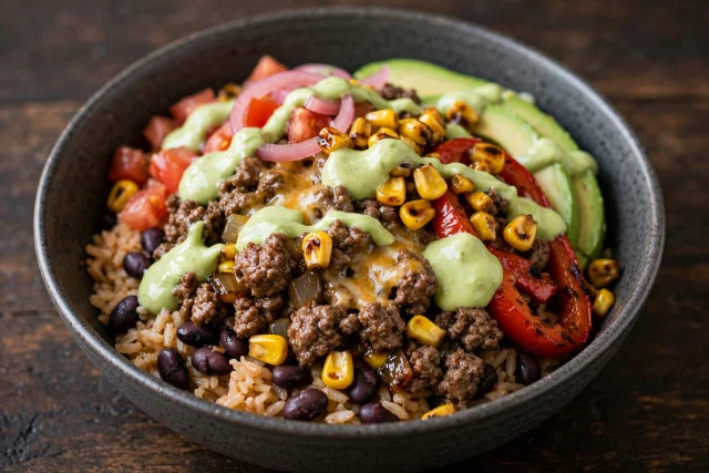 Tex-Mex taco bowl with seasoned ground beef and avocado crema