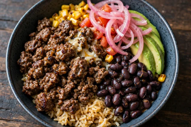 Chipotle ground beef with black beans and pickled red onions
