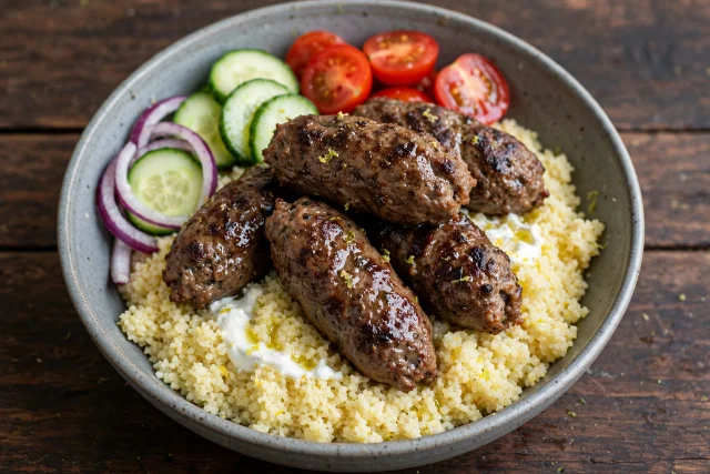 Kofta over lemon couscous with hummus and cucumber salad