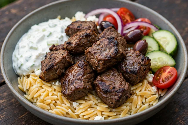 Souvlaki skewers over orzo with tzatziki and cucumber salad